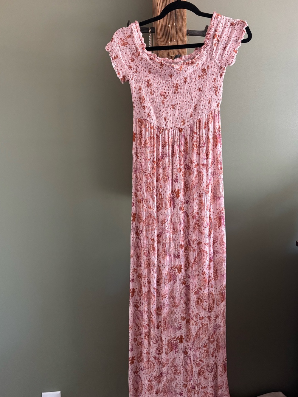Smocked Pink Paisley Maxi Dress with Short Ruffled Sleeves